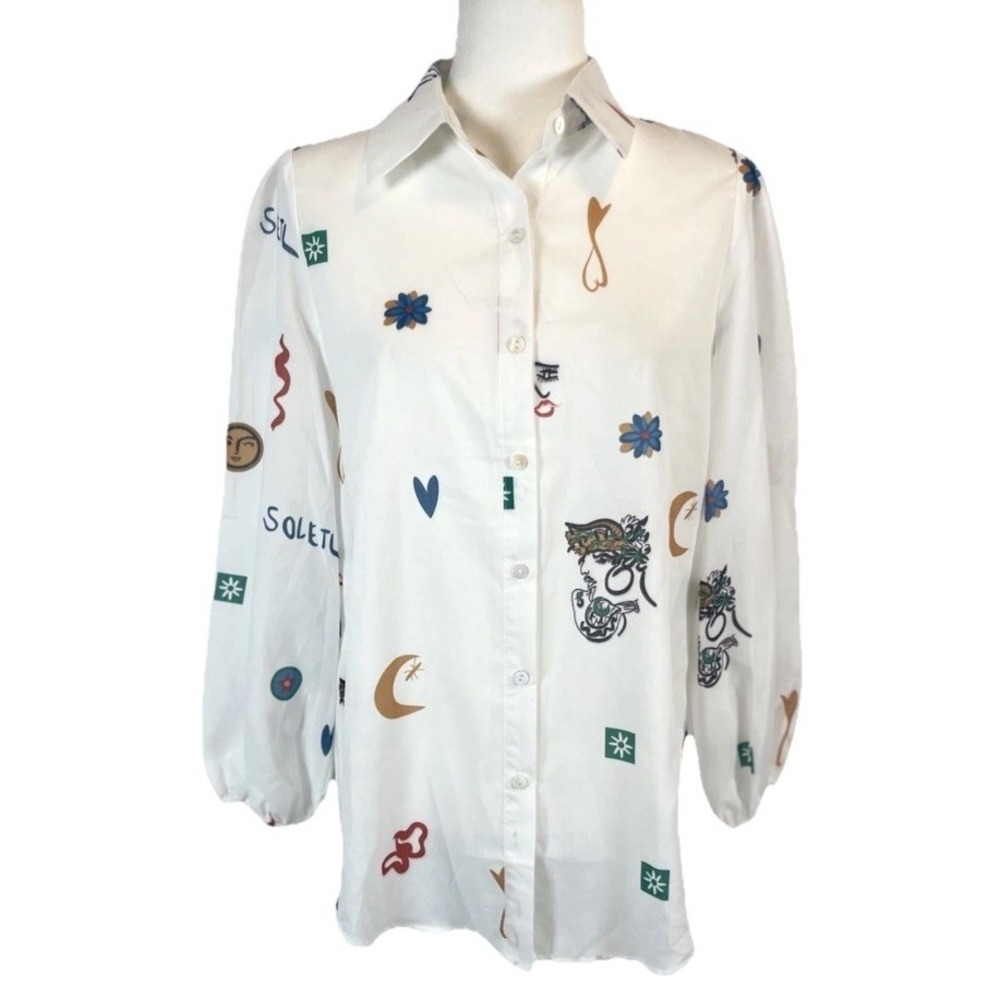 NEW White Colorful‎ Puff Sleeve Soleil Button Down Shirt blouse Woman's Size M